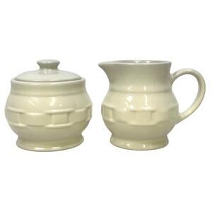 Longaberger Woven Traditions Pottery IVORY Cream Pitcher and Sugar Bowl USA-RARE